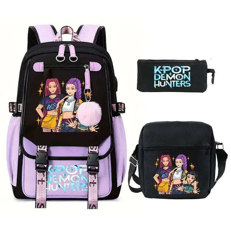3pcs Kpop Demon Hunters With Shoulder Pencil Case Teeneger Large Capacity Outdoor Travel Backpack Women Laptop Bag Z260202