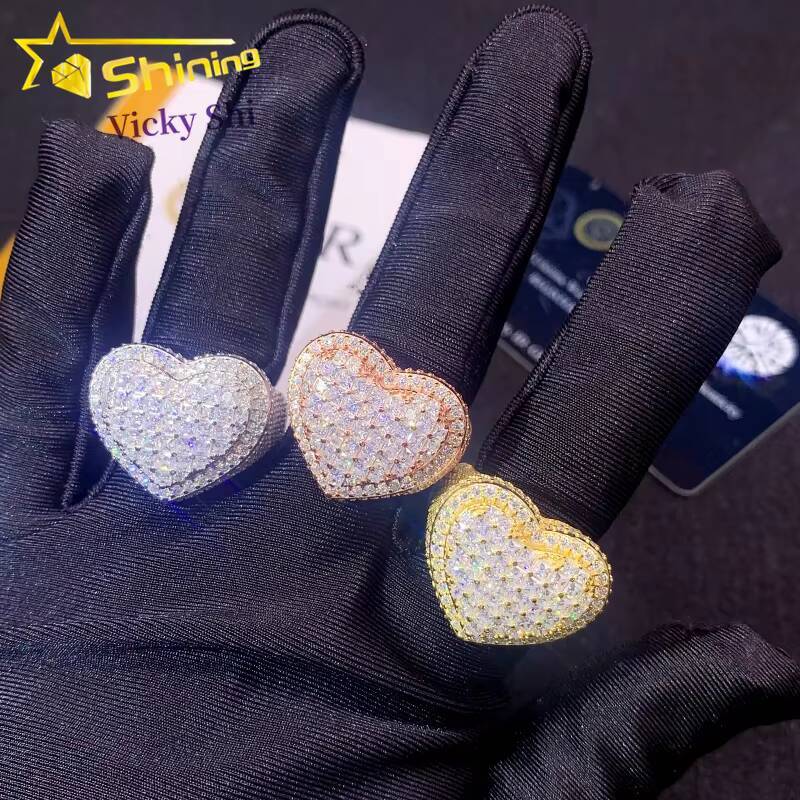 Hip Hop Jewelry New Design Heart Shape Iced Out Moissanite Diamond Ring 925 Silver Pass Diamond Tester
