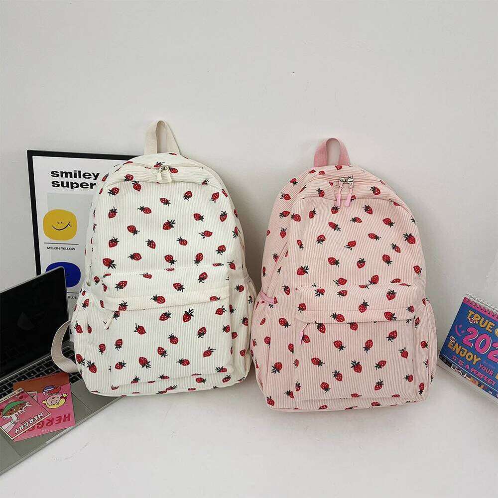 Corduroy Strawberry Casual Travel Backpack Large Capacity Fashion Teenagers Daypack Adjustable Strap for Women Girls Z260202