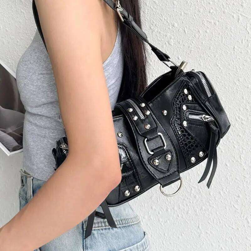 X5XA Punk Evening Bag PU Leather Shoulder Purse With Studs Large Capacity Underarm Bags for Women and Girls C260204