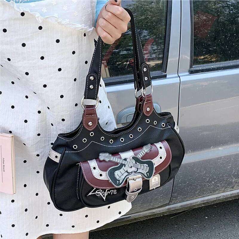 Niche Leather Tote Large Capacity Punk Style Y2K Commuter Handbag Printed Women's Creative Shoulder Bag C260204