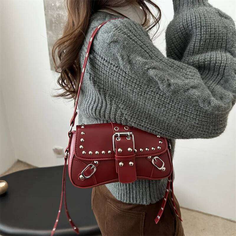 Shoulder Bag for Women Punk Style PU Leather Rock Fashion Handbags with Small Trendy Armpit Purse C260204