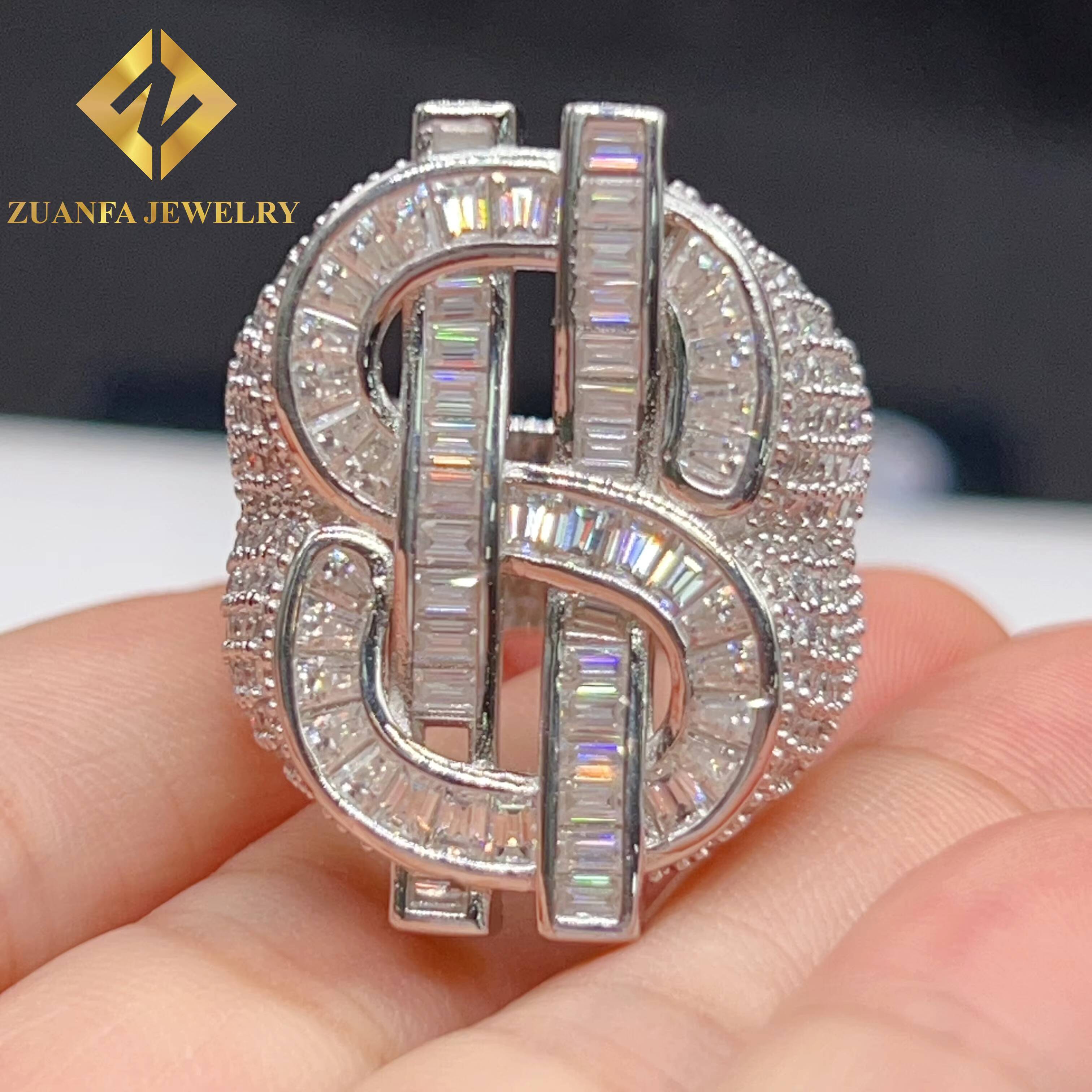 Hiphop 925 Sterling Silver Moissanite USD Dollar Symbol Ring Custom Ice Out Men Moissanite Ring Daily Wear