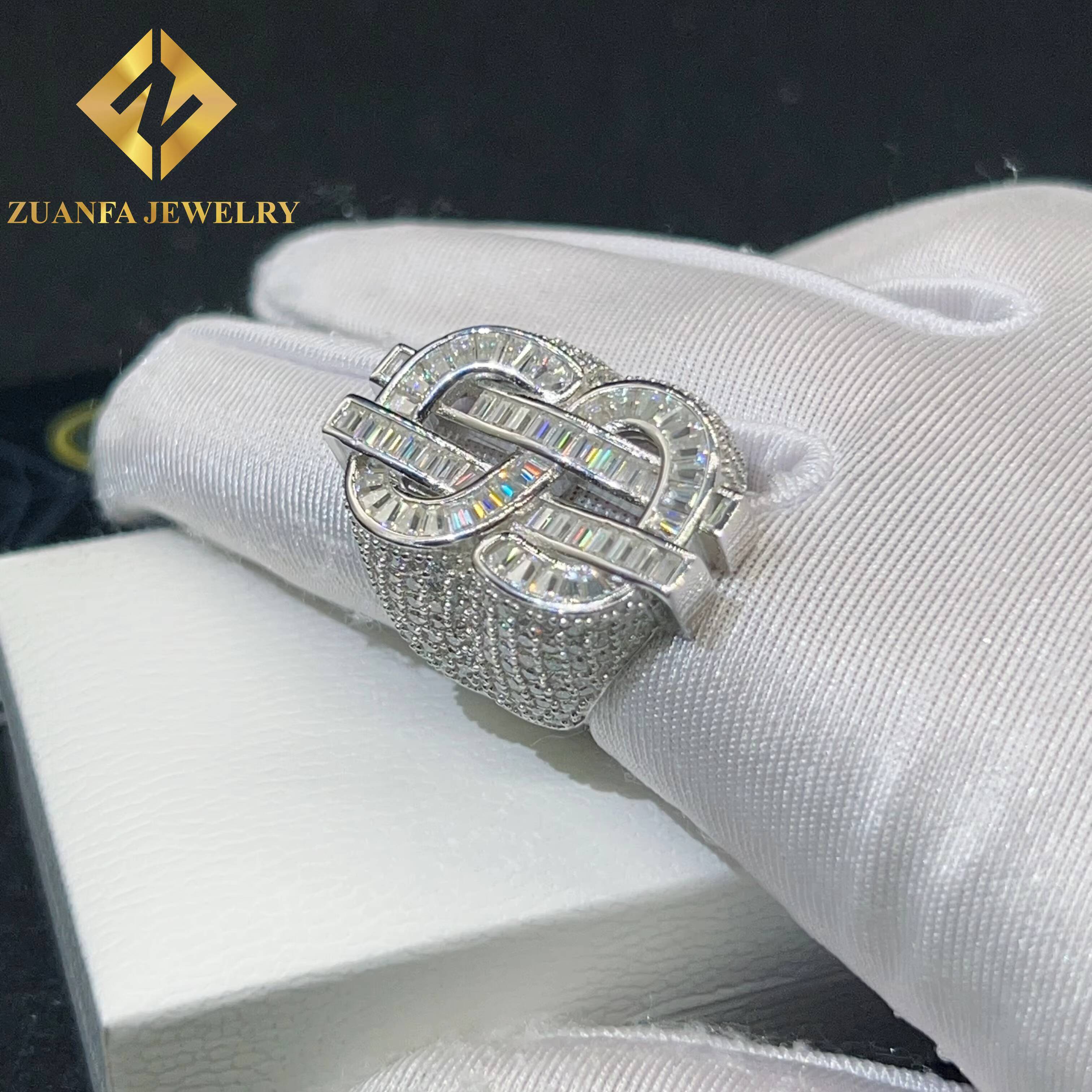 Hiphop 925 Sterling Silver Moissanite USD Dollar Symbol Ring Custom Ice Out Men Moissanite Ring Daily Wear