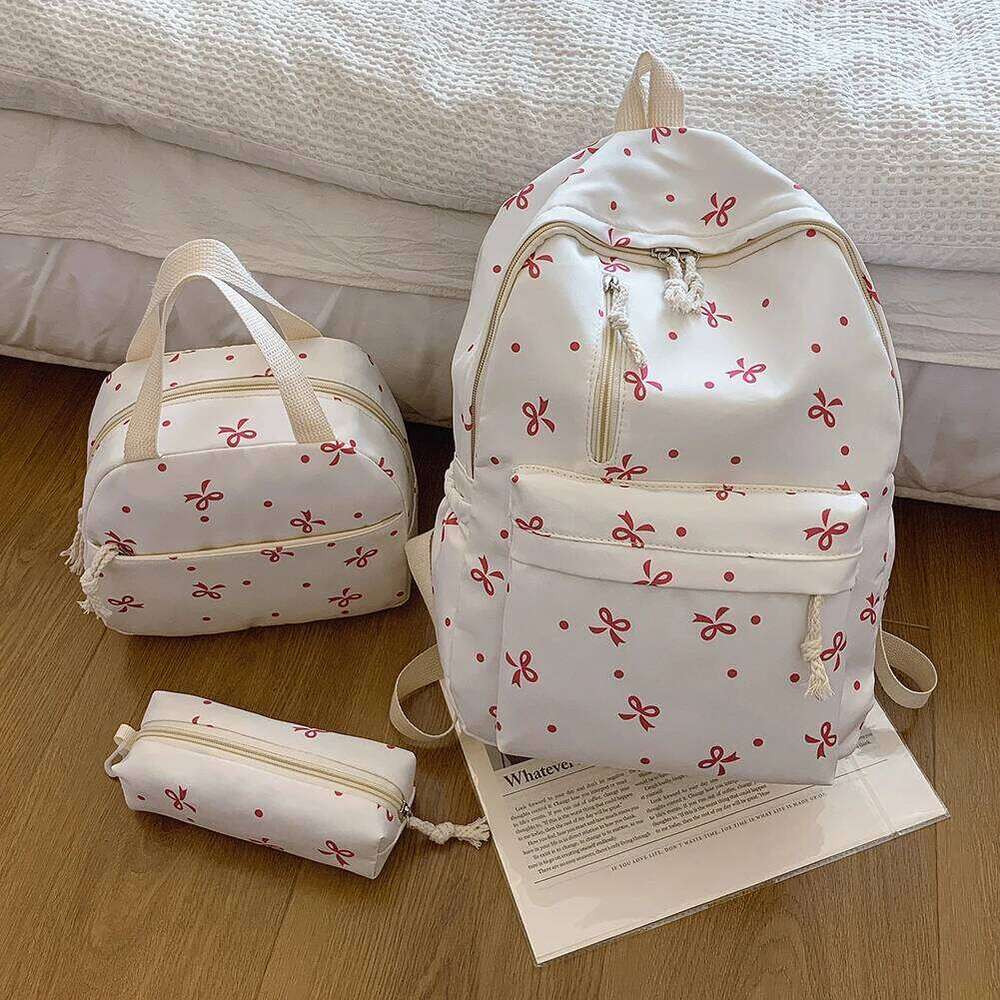 3Pcs/Set Bow Print School Bag with Handbag and Pencil Case Student Rucksack for Girl Women Travel Z260204