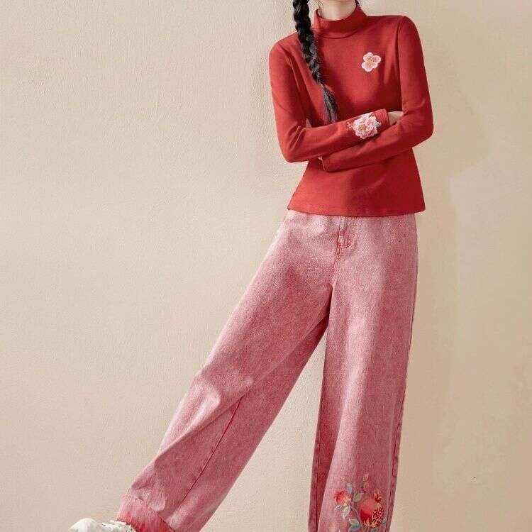 Original Ethnic Autumn New Chinese Style Embroidery Denim Top And Pants Two-Piece Set