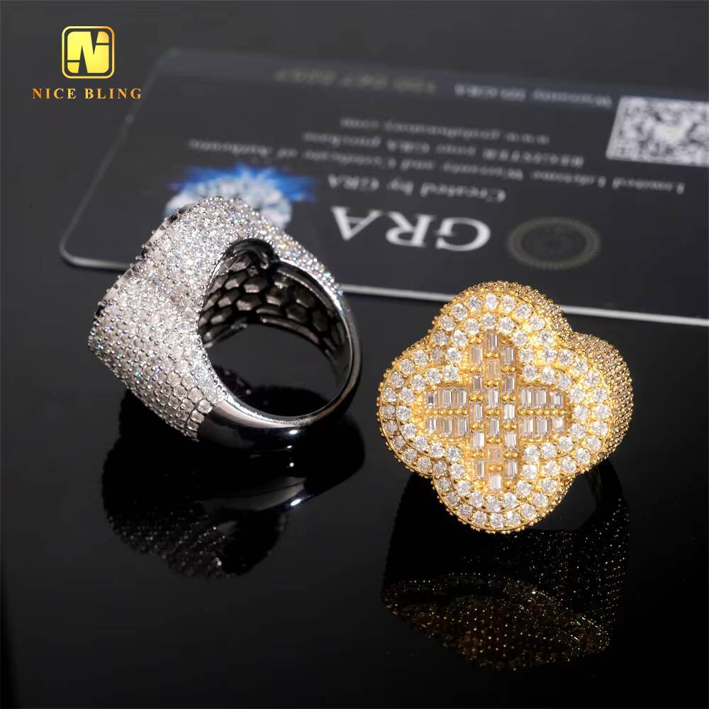 GRA Certificate Baguette Hip Hop Rapper VVS Moissanite Fine Jewelry Diamond Men Rings Iced Out Jewelry 925 Silver Clover Ring
