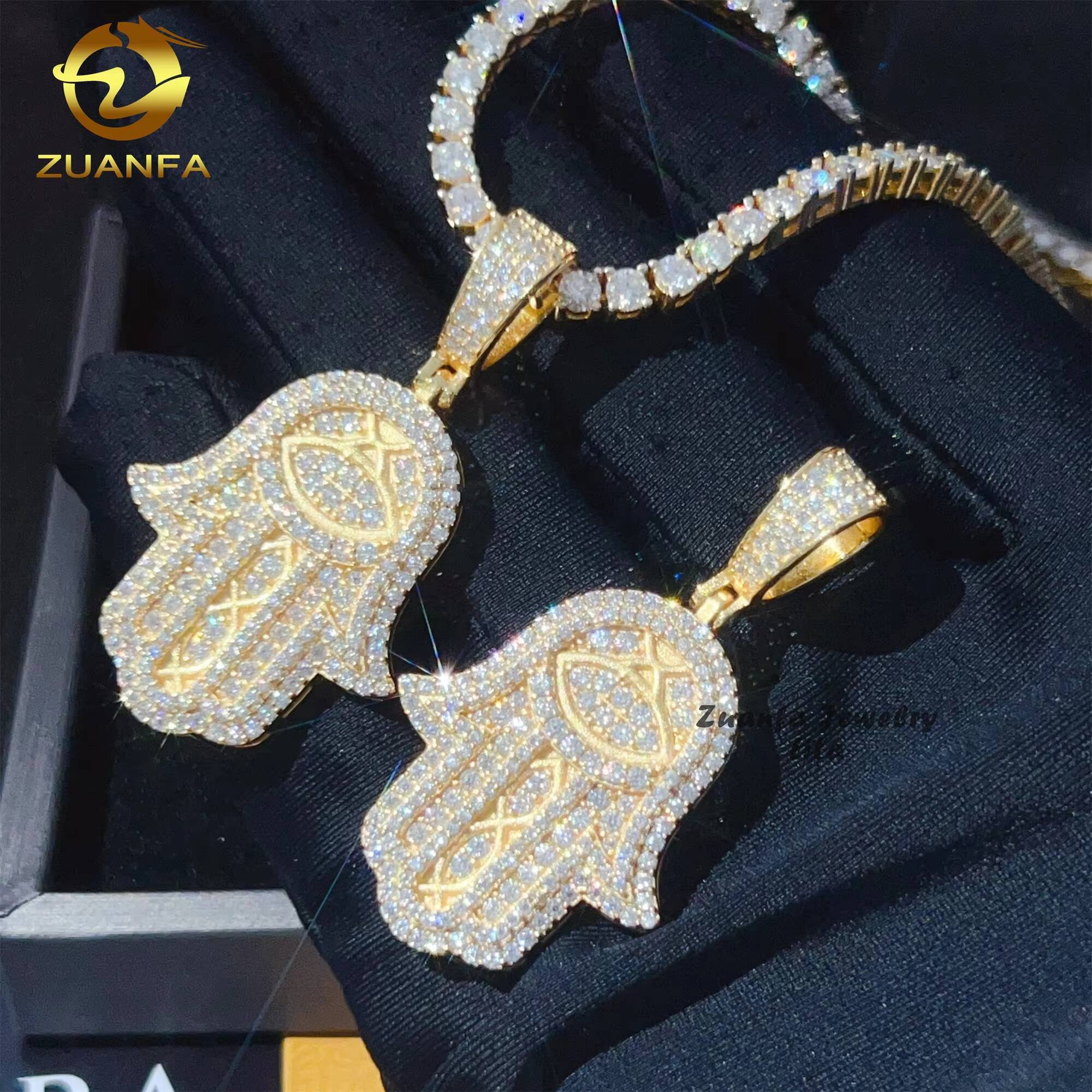 New Arrival Hip Hop Jewelry 18k Gold Plated GRA Certificate Custom 925 Silver VVS Moissanite Hamsa Hand Pendant