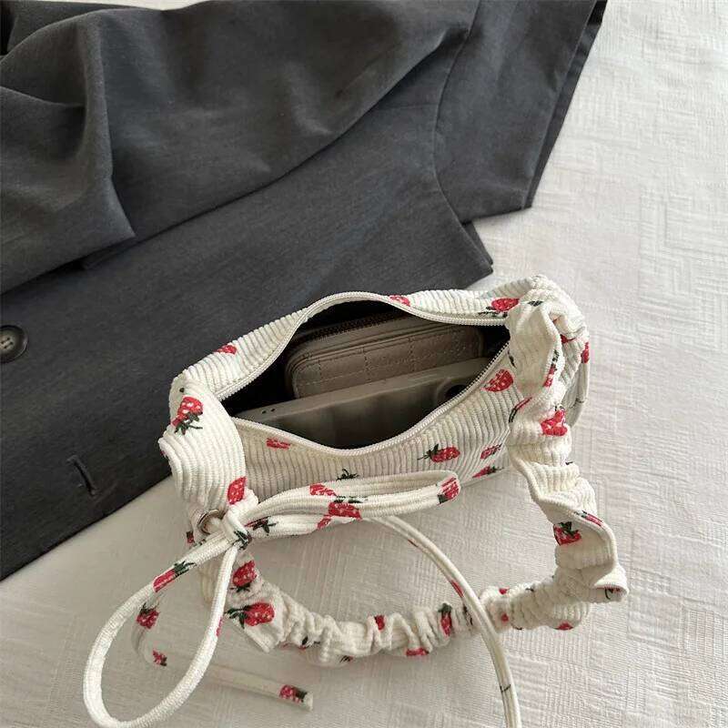 Women Small Underarm Bag Corduroy Handbag Cute Strawberry Print Little Tote Half Moon Design Eco Cloth Purse Mini Shoulder Bags C260204