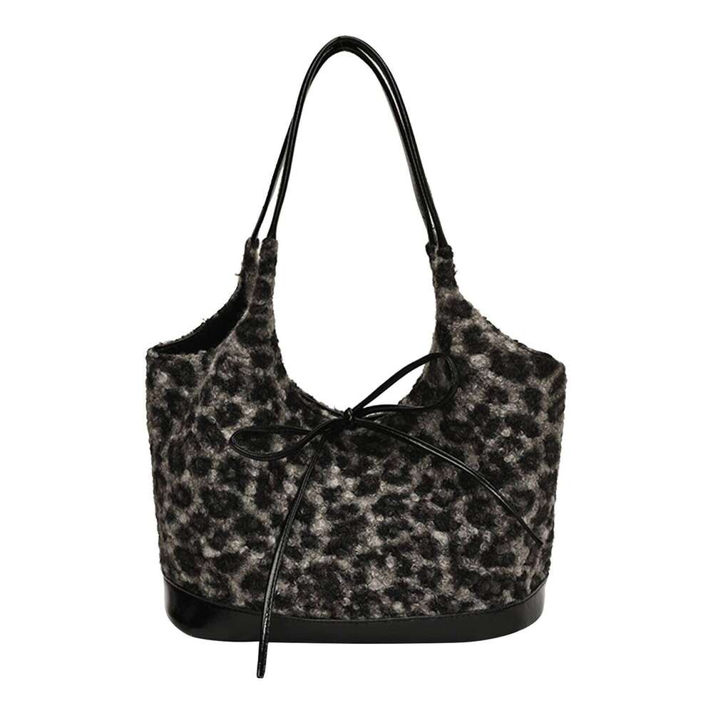 Rayon Leopard Print Shoulder Versatile Commuter Bag with Bow Handbag for Women Work Shopping Travel Daily C260204