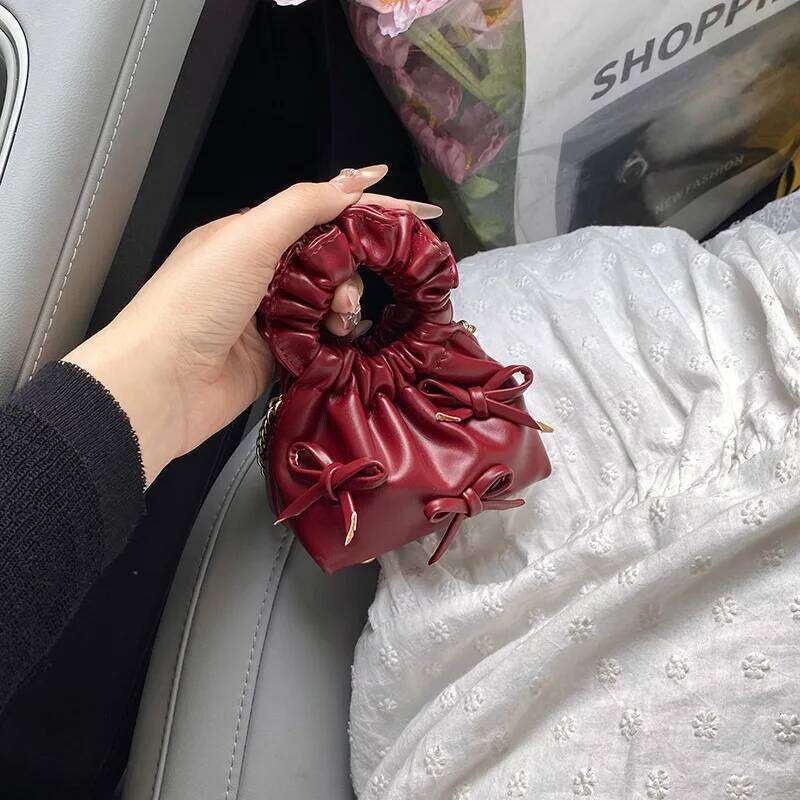 Korean Bow Mini Handbags For Girls Trendy Versatile Chain Women's Crossbody Bags Textured Cute Square Coin Purses C260204