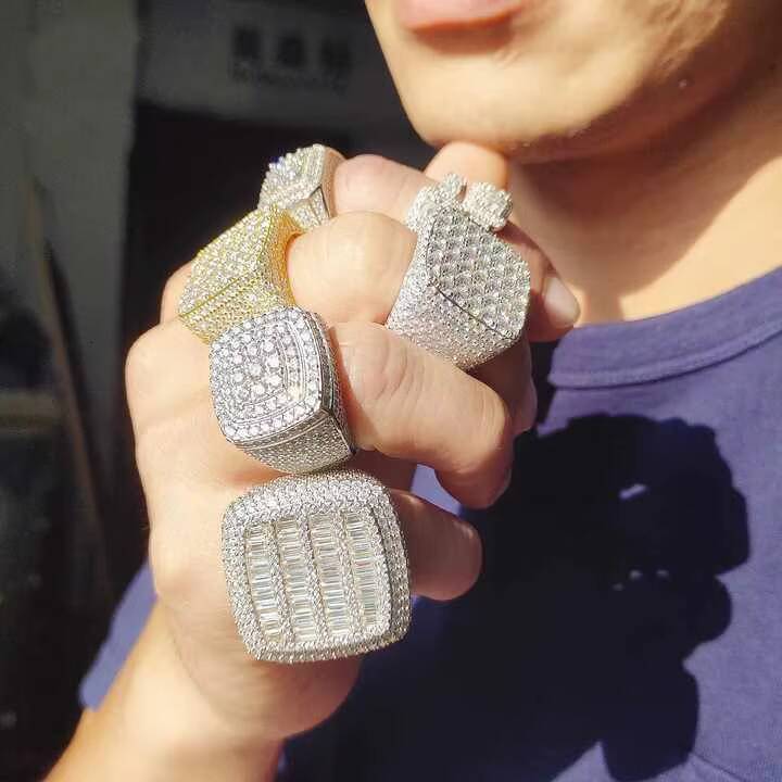 Square Shape Vvs Moissanite Mens Wedding Ring Platinum Hip Hop Fashion Design Cuban Chain Jewelry with Diamond Accents