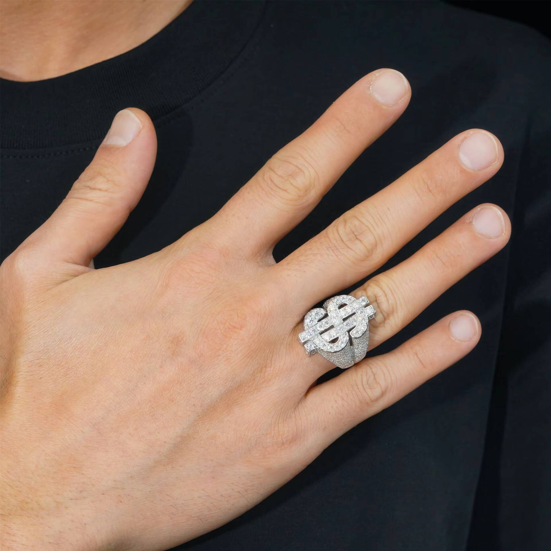 Plated 925 Sterling Silver Jewelry Iced Out Dollar Rings Hip Round Brilliant Moissanite Rings for Men and Women