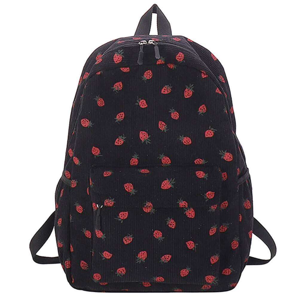 Corduroy Strawberry Casual Travel Backpack Large Capacity Fashion Teenagers Daypack Adjustable Strap for Women Girls Z260204