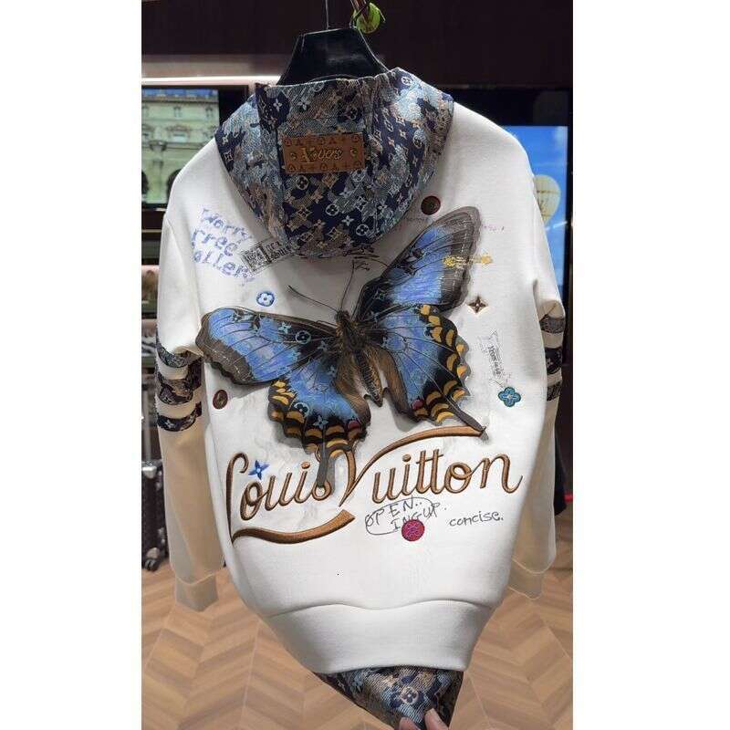Embroidered Butterfly INS New High Luxury Heavy Craft Letter Hooded Patchwork Long Sleeve Cardigan Loose Trendy Brand Jacket High-End