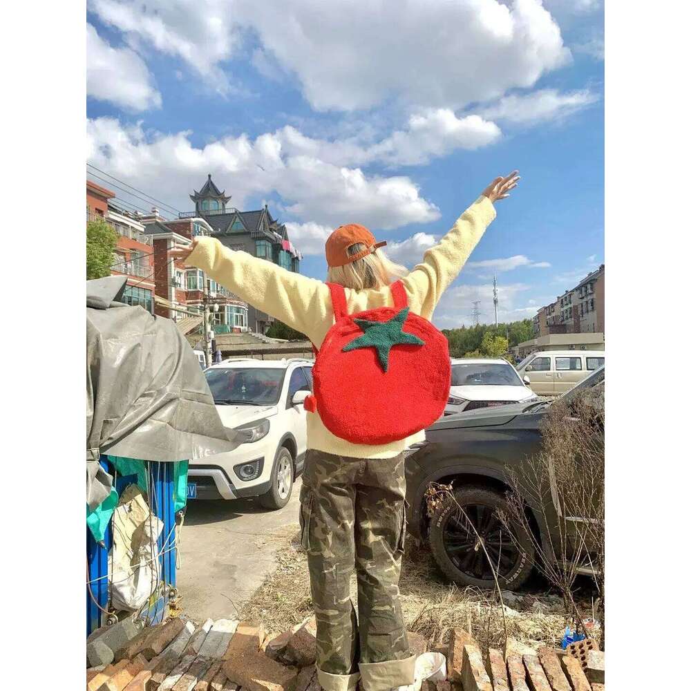Tomato Shaped Fashion Sweet Street Style Korean Furry High-Capacity Backpack Unisex Z260204
