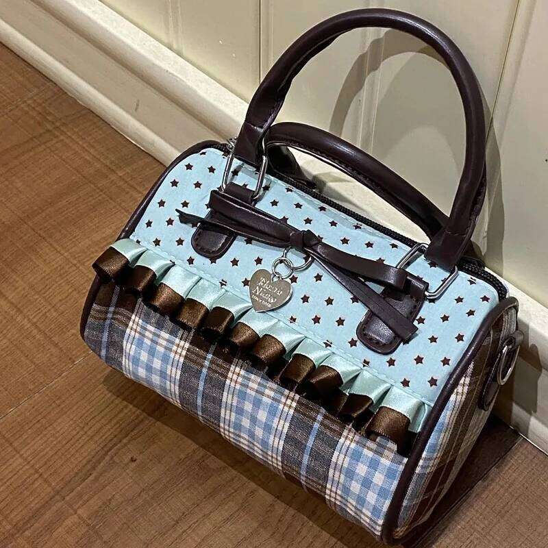 Korean Bow Polka Dot Fashion Bowler Color-blocked Lace Y2k Style Handbag Retro Sweet Plaid Crossbody Zipper Shoulder Bag C260204
