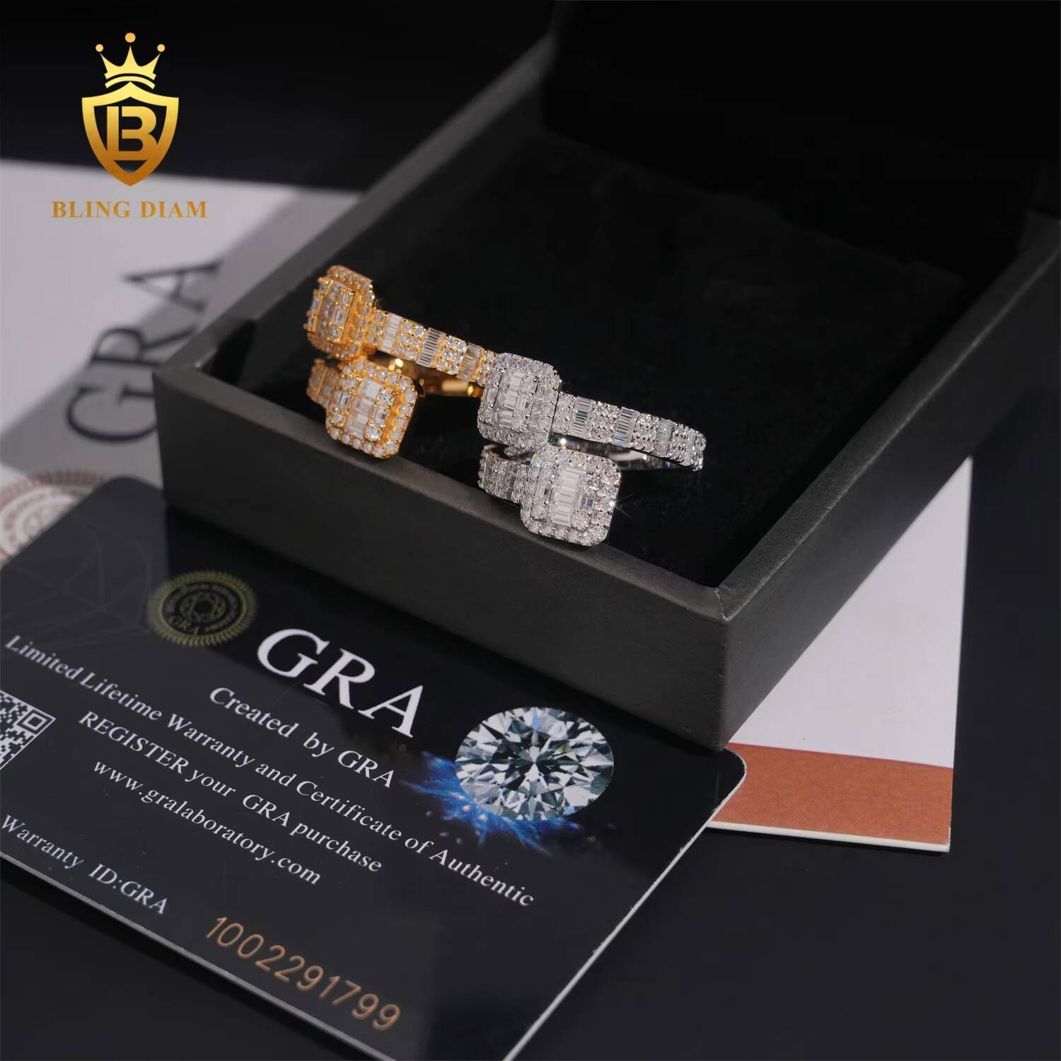 Hip Hop Jewelry 925 Sterling Silver Gold Plated VVS Full Moissanite Lab Grown Diamond Adjustable Open Square Ring for Men