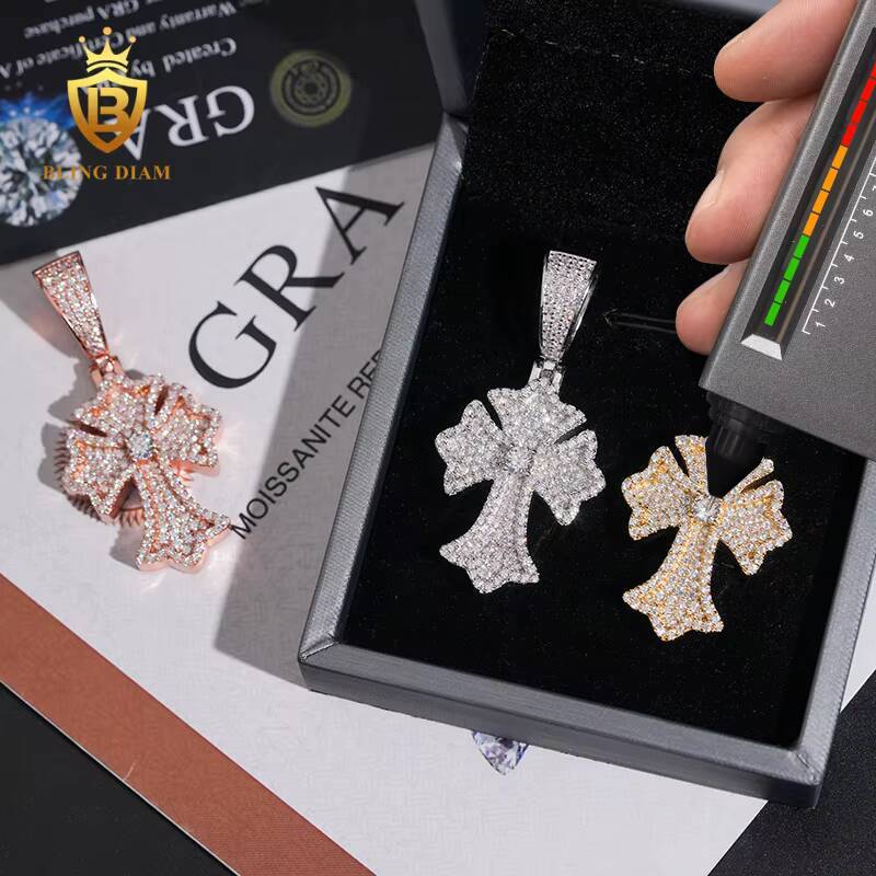 New Fashion GRA Certified Pass Diamond Tester Hip Hop Jewelry 925 Sterling Silver Iced Out VVS Moissanite Cross Pendant