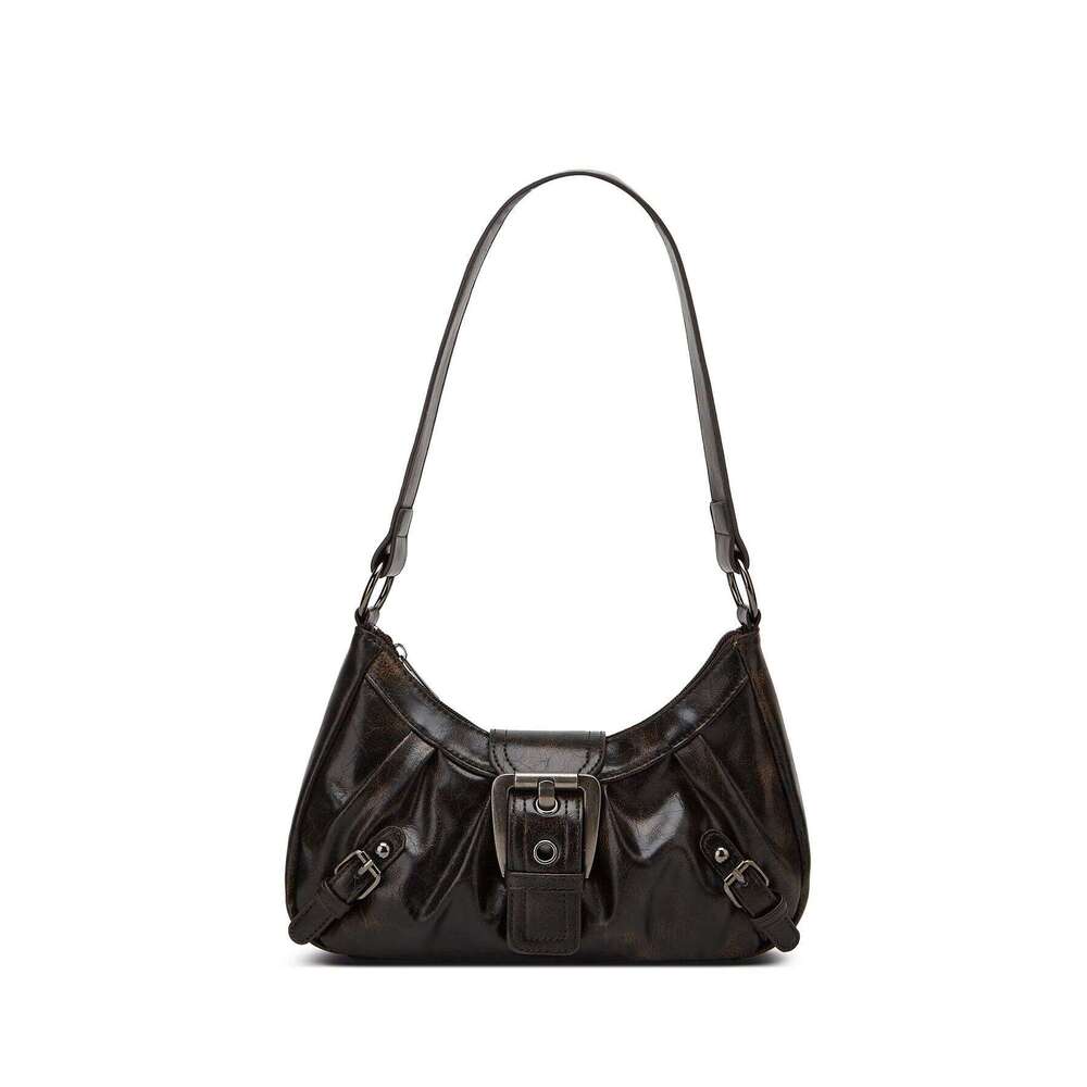 Y2K Retro Style Maillard Pleated Armpit Bag, Fashionable Ladies Cool Leather Shoulder Bag C260204