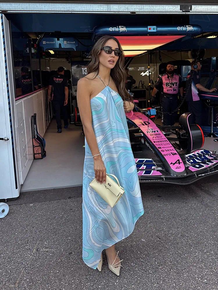 Casual Dresses Blue Print Women Loose Halter Dress Fashion Female Satin Off Shoulder Backless Thin Irregular Robe 2026 Summer Vacation
