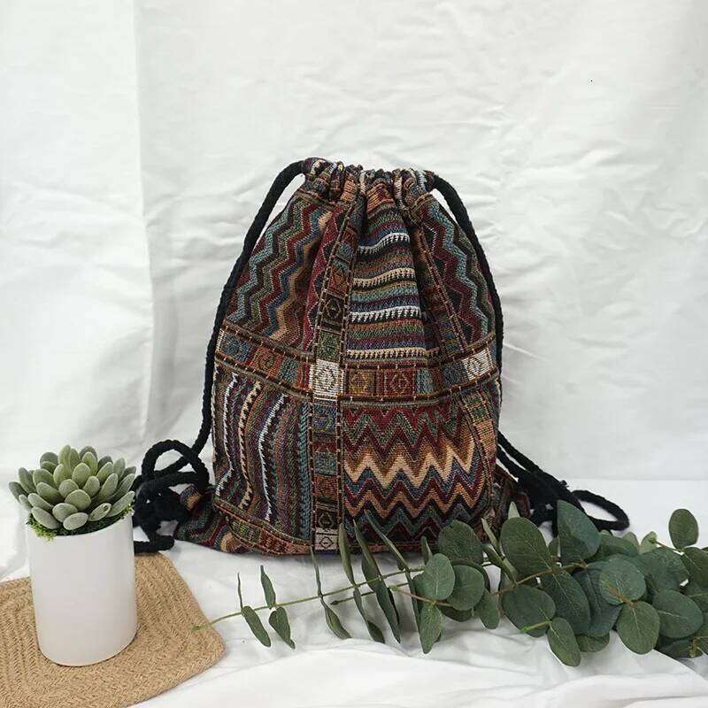 2025 Women Fabric Backpack Female Gypsy Bohemian Boho Chic Aztec Ibiza Tribal Ethnic Cottage Soft Brown Drawstring Rucksack Bags Z260202