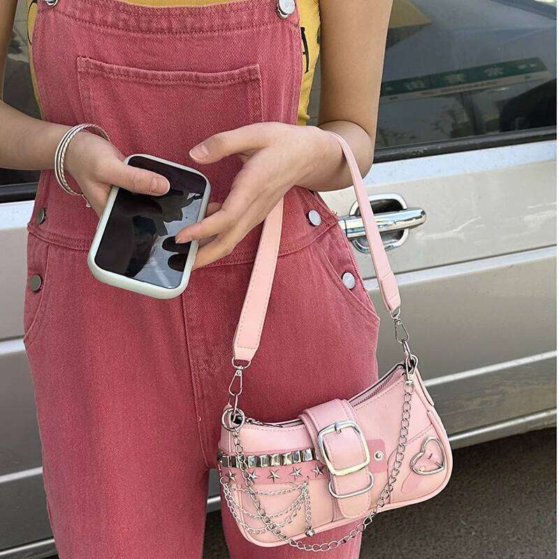 Women's PU Shoulder Bags Baguette Shape Sliver Chains Star Stickers Waterproof Fashion Luxury Handbags C260204