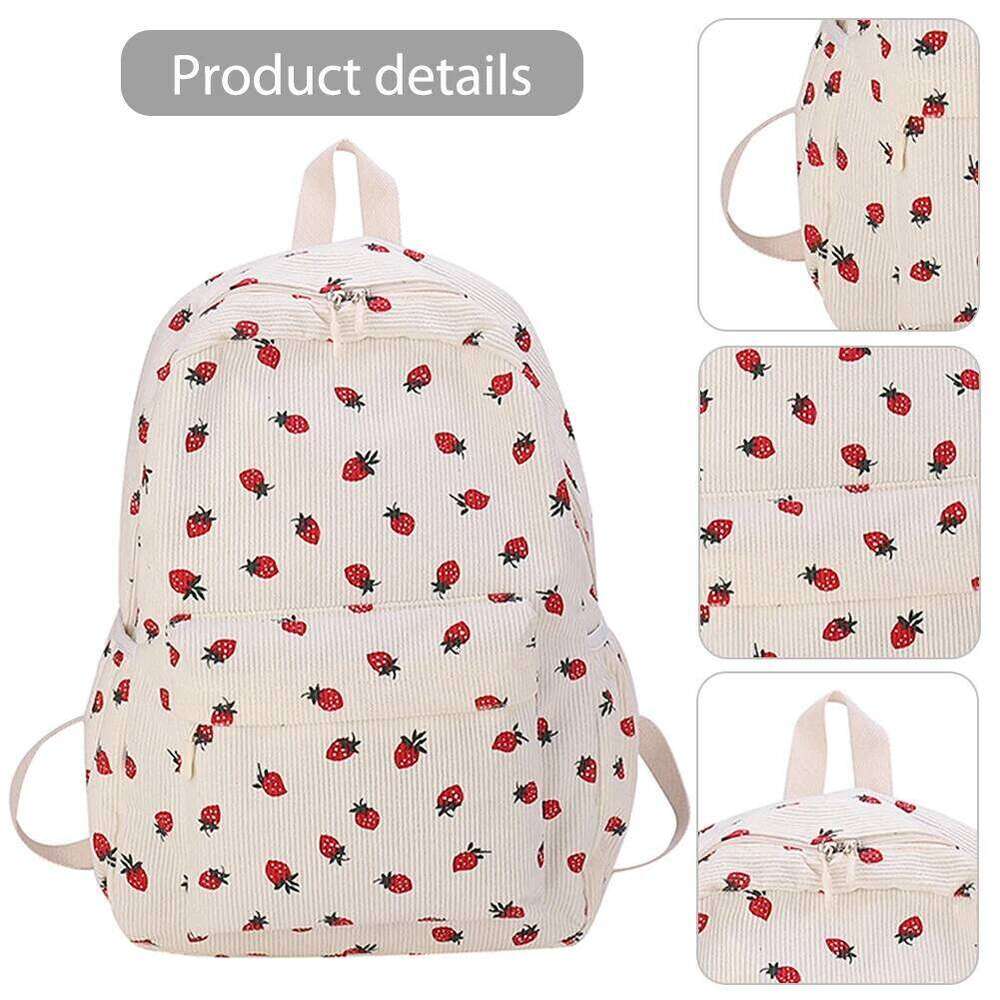 Corduroy Strawberry Casual Travel Backpack Large Capacity Fashion Teenagers Daypack Adjustable Strap for Women Girls Z260204
