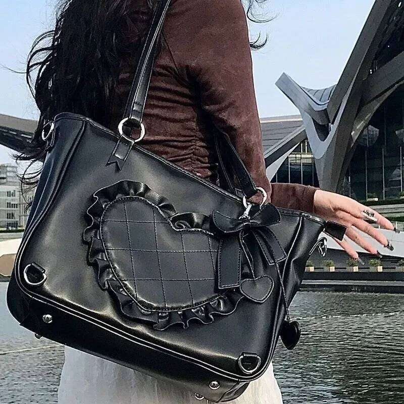 JIAERDI Harajuku Aesthetic Black Itabag Women Heart Bow Casual Shoulder Backpack Ladies Jk Uniform Transparent Handbag Wallet C260204