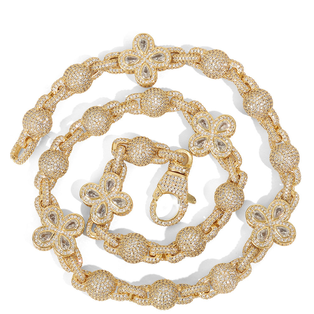 Hip Hop Cross Flower Cuban Chain Necklace Bracelet Jewelry Set 18K Gold Plated 5A Zircons Women Mens Jewelry