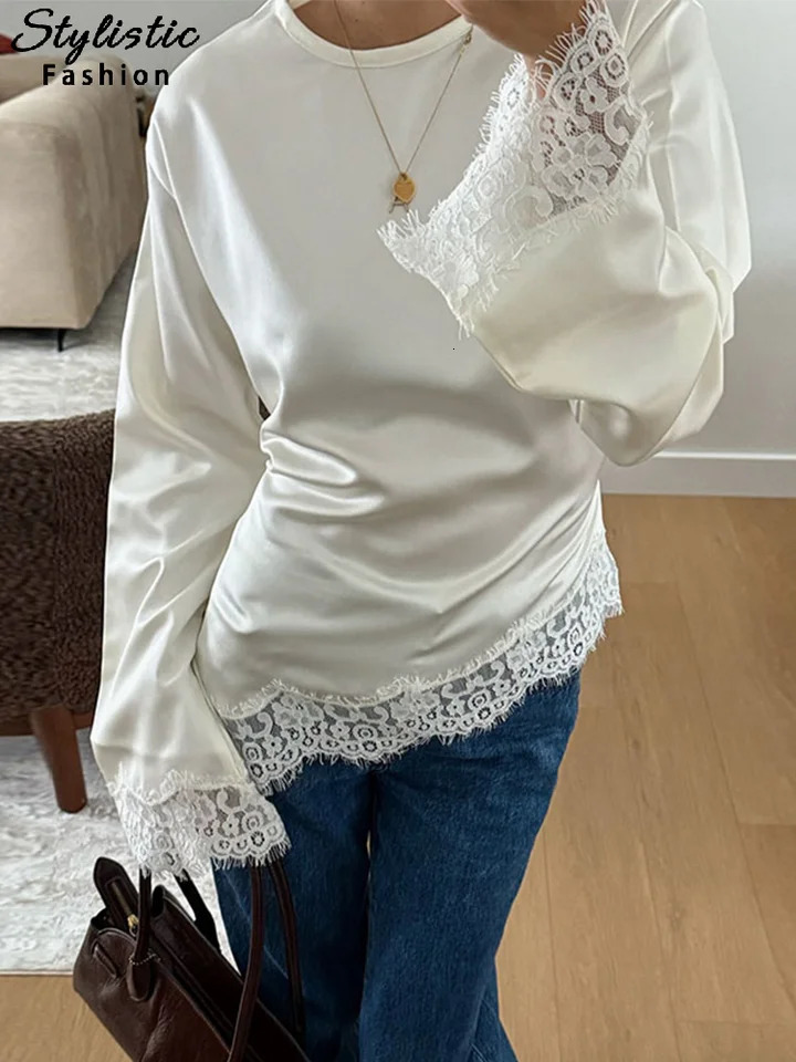 Elegant Satin Lace Patchwork Top Women Oneck Loose Long Sleeves Strappy Female shirt 2026 Spring Autumn Chic Lady Tshirt 250203