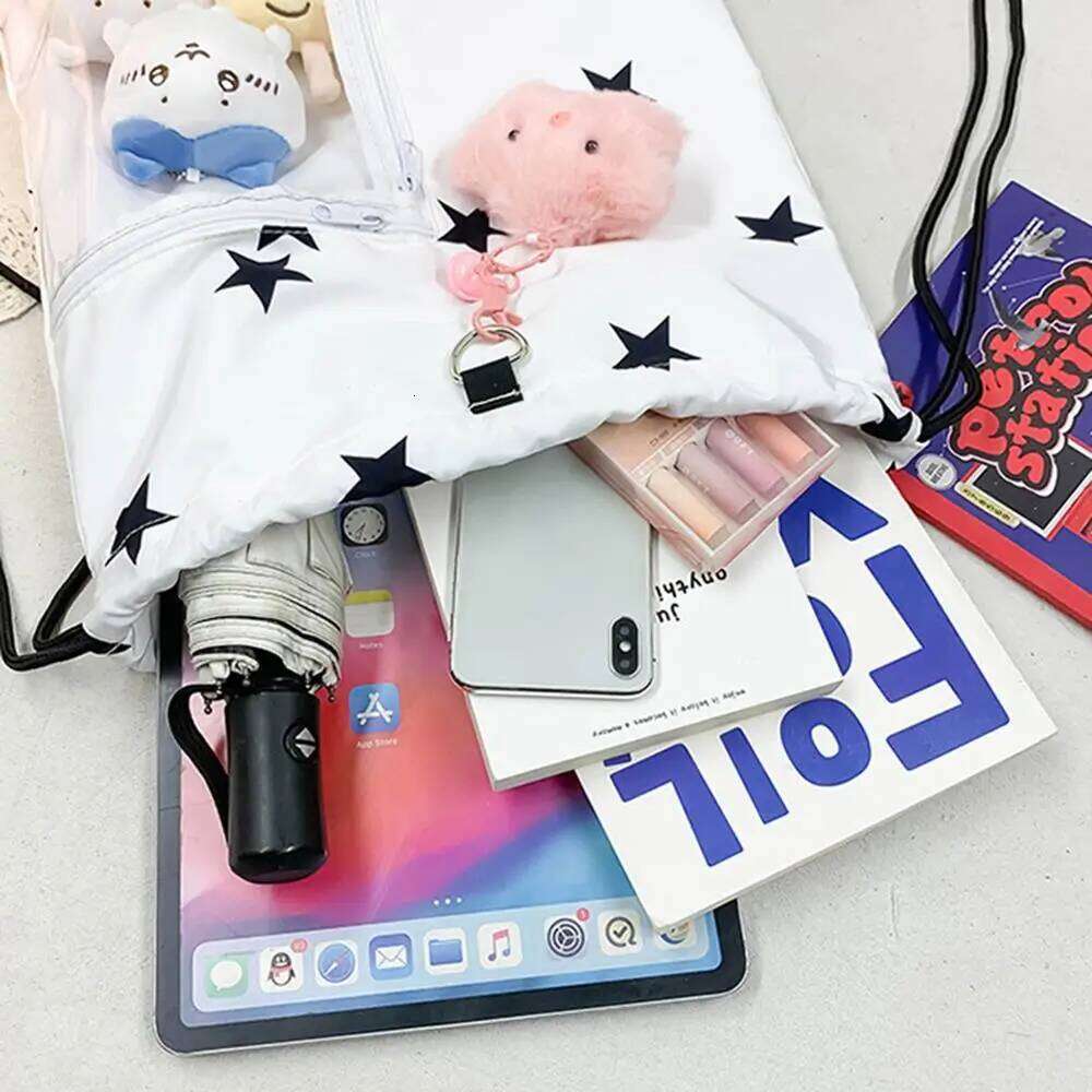 Korean Fashion Student Canvas Y2K Star Print Drawstring Backpack Girls Lightweight Pain-Free Large Capacity Shoulder Bag Z260204