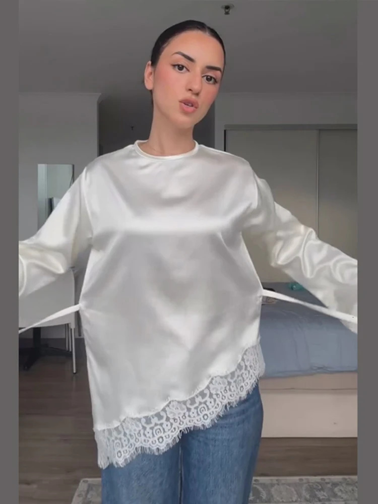 Elegant Satin Lace Patchwork Top Women Oneck Loose Long Sleeves Strappy Female shirt 2026 Spring Autumn Chic Lady Tshirt 250203
