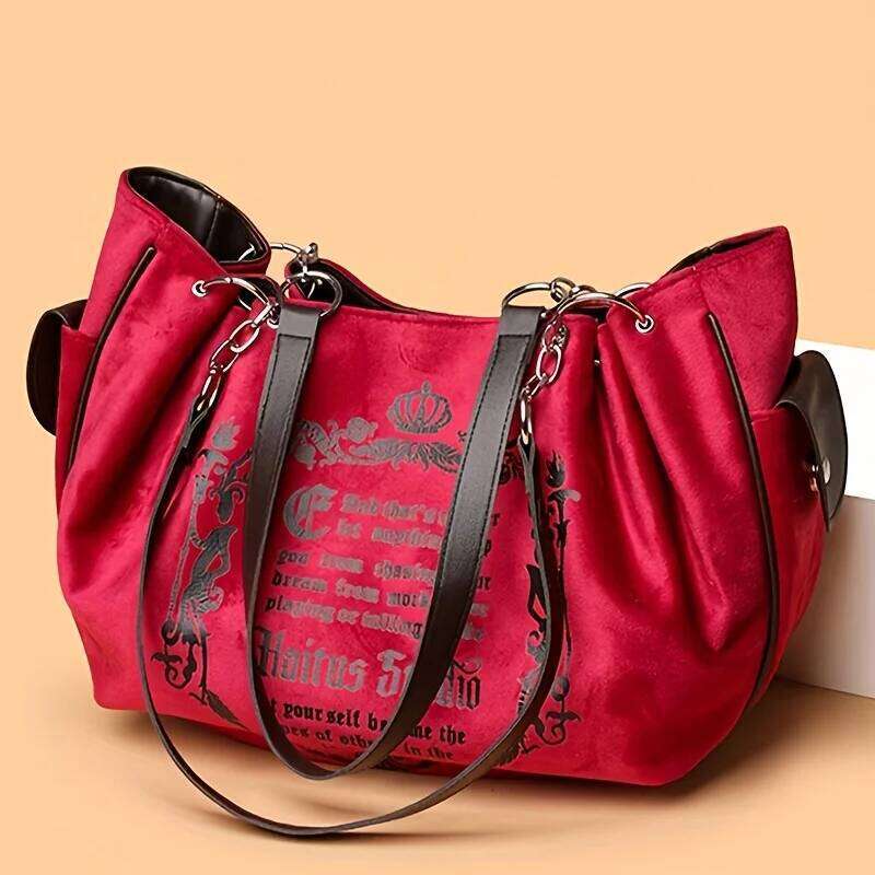 Letter Print Faux Suede Women Handbag Shoulder Bag, Retro Large Capacity Tote for Daily Commuting and Hand-Carry.Pumpkin Bag C260204