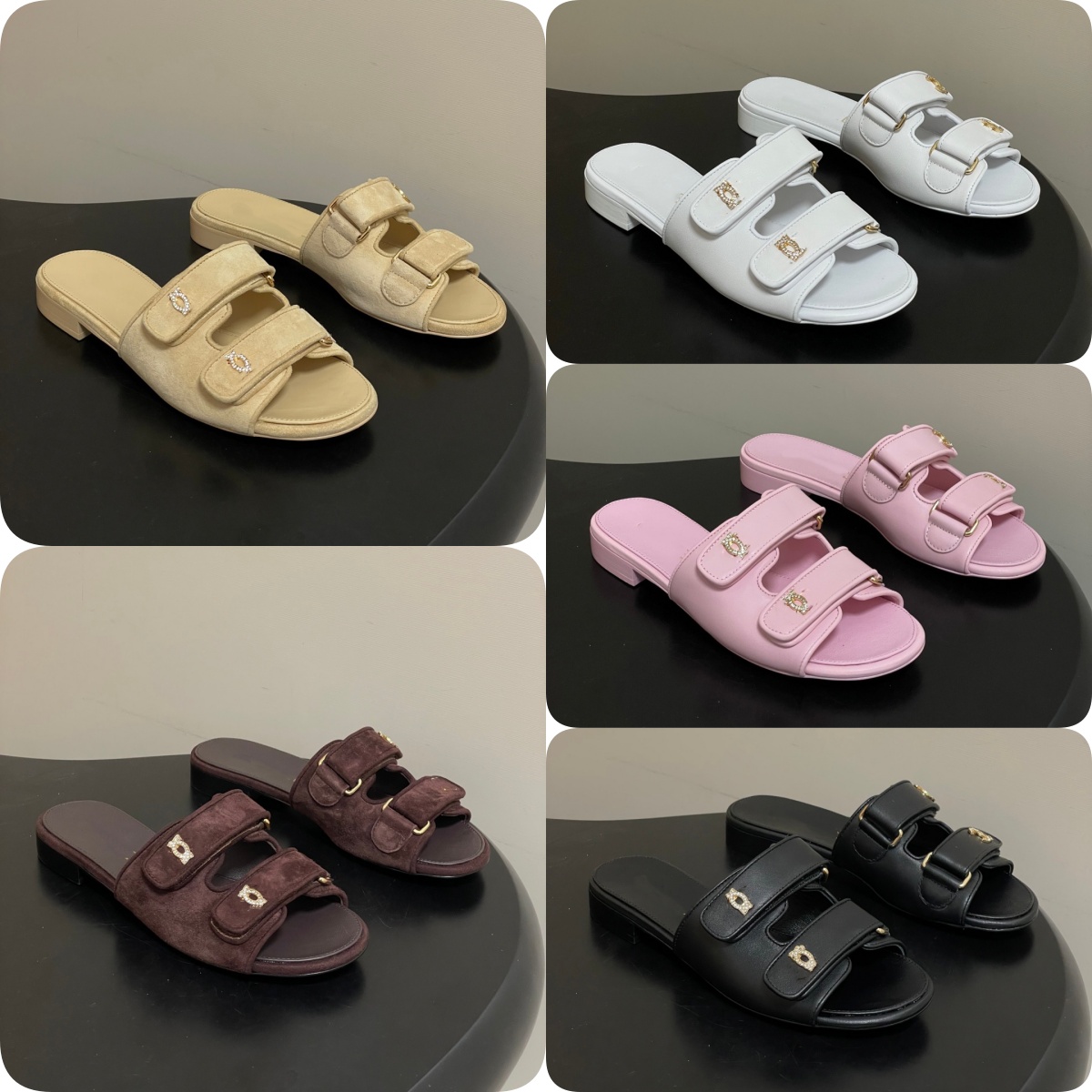 2026 Luxury Women Sandals Flats Slipper Suede Leather Summer Walk Classic Rhinestone Buckle Sandals Slides Hook Loop Closure Leather Upper Sexy Flat Sandals