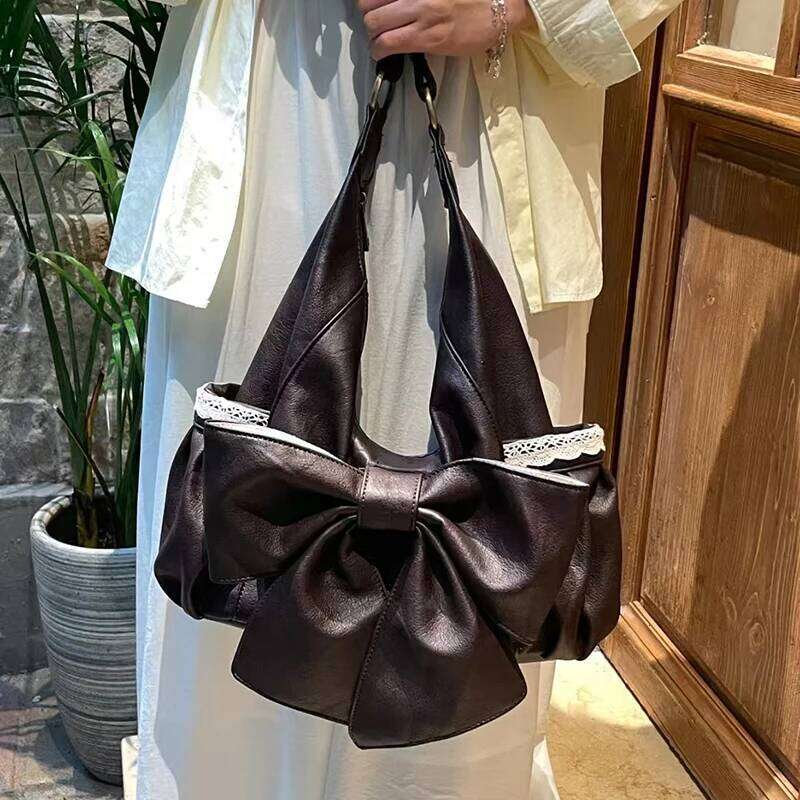 Bow Women's Crossbody Stylish Lace-trimmed Vintage Brown Handbag Large Capacity Student Shoulder Bag With Side Pockets C260204