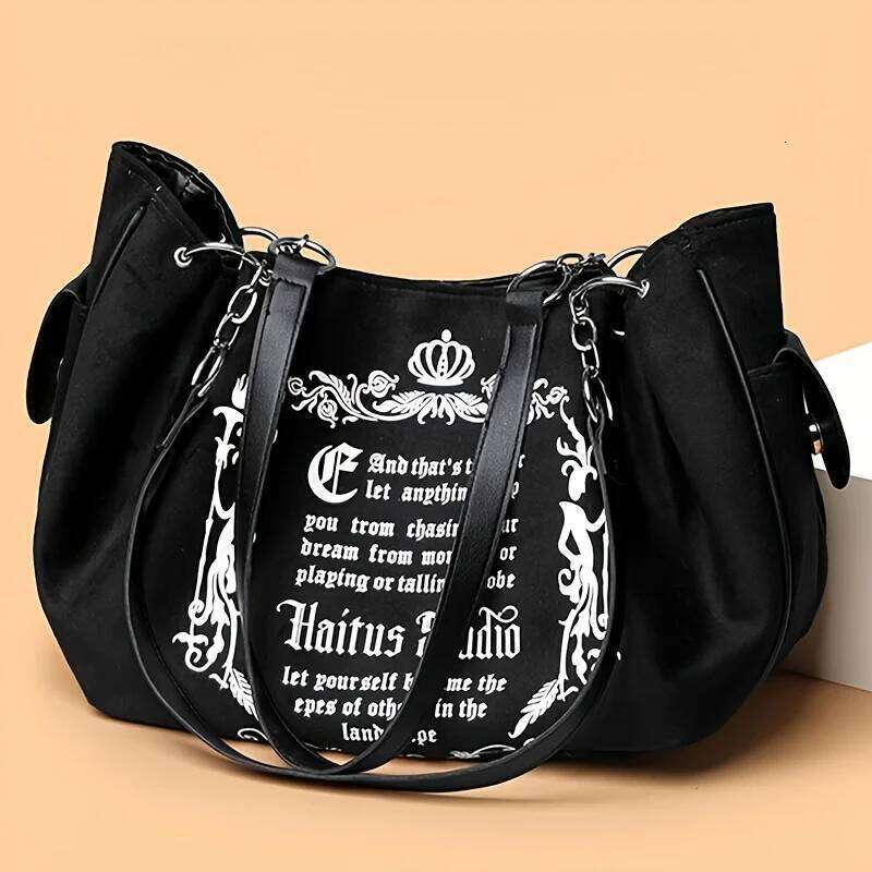 Letter Print Faux Suede Women Handbag Shoulder Bag, Retro Large Capacity Tote for Daily Commuting and Hand-Carry.Pumpkin Bag C260204