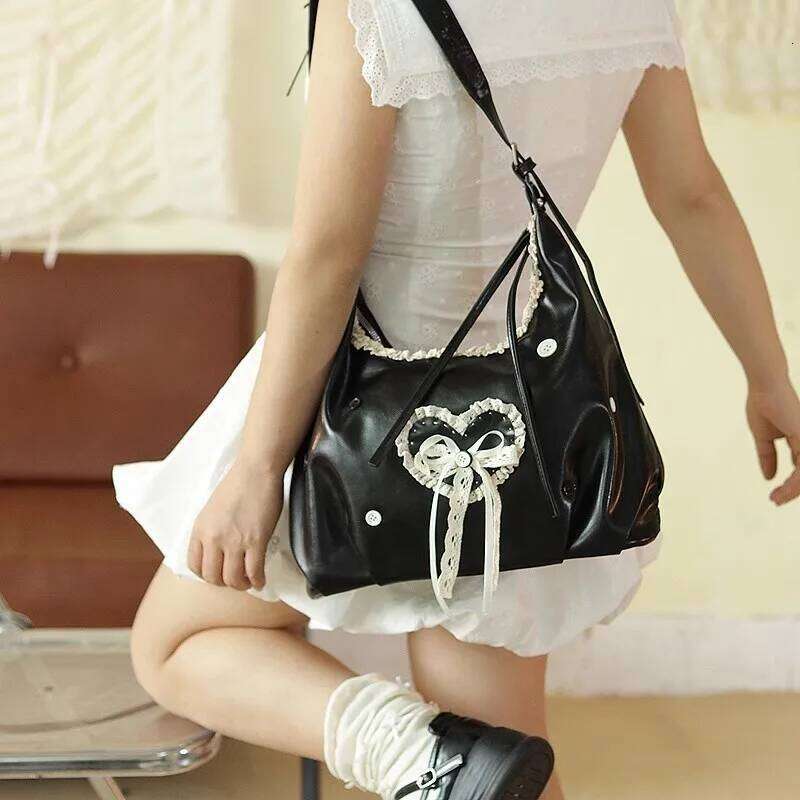 Retro Harajuku Style Brown Lace Button Tote Women Romantic Heart Bow Handbag Ladies Leather Large Capacity Crossbody Bag New C260204