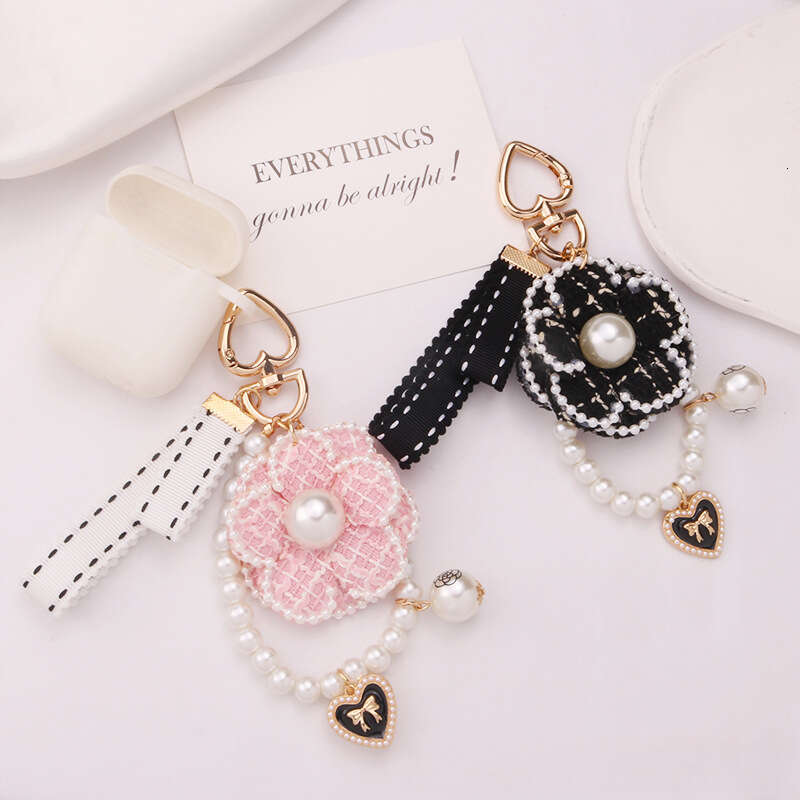 New Pearl Camellia Ribbon Keychain Pendant Cute Colorful Fabric Flower Accessories Earphone Case Bag Decoration