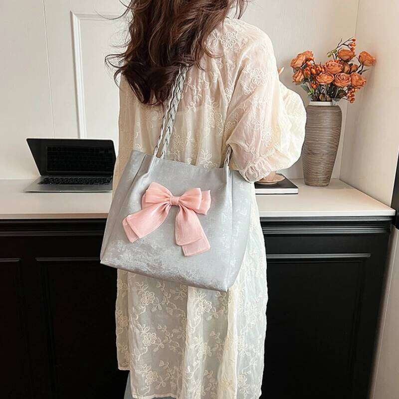 Fashion Girls Bowknot Soft Shoulder Solid Zipper Versatile Ballet Style Portable Tote Braid Strap Underarm Casual Bag C260204
