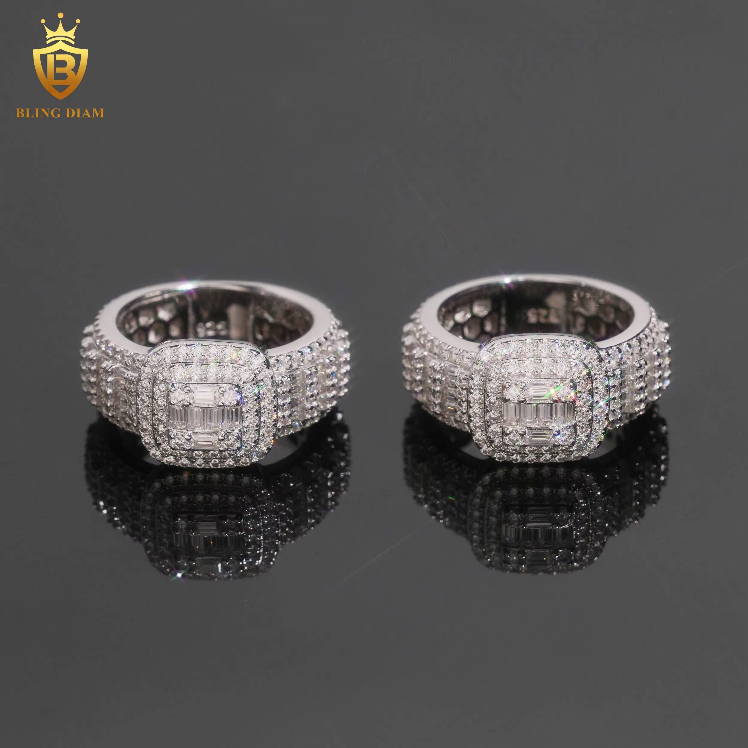 Hot Saling 925 Silver Moissanite Rings Iced Out Baguette Cut Moissanite Rings Mens HipHop VVS Moissanite Rings Past Diamond Test