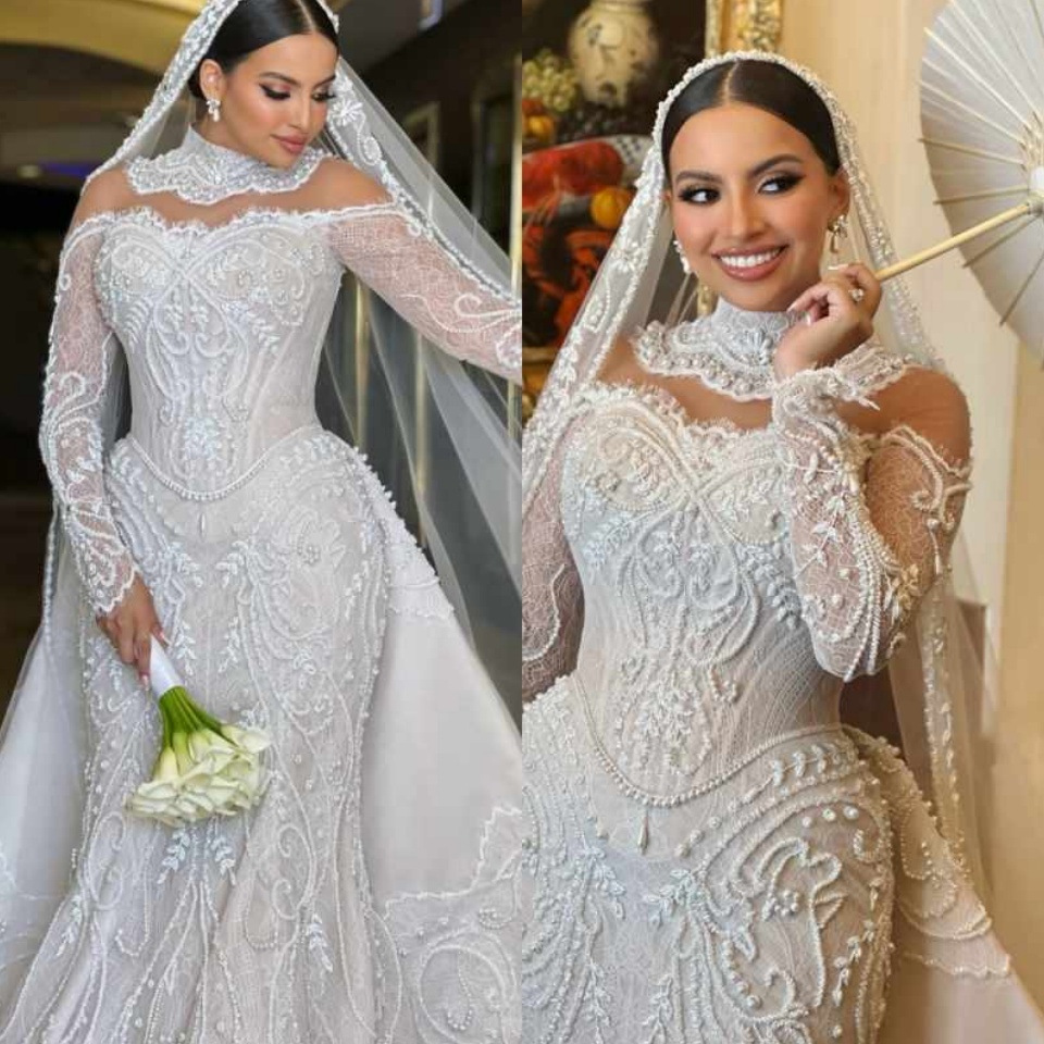 Detachable Train Sleeve Beaded Wedding Dress Charming Lace Appliques Bridal Gown Customized Luxury Mermaid Dresses For Bride