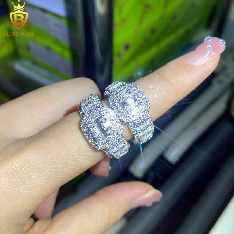Hot Saling 925 Silver Moissanite Rings Iced Out Baguette Cut Moissanite Rings Mens HipHop VVS Moissanite Rings Past Diamond Test