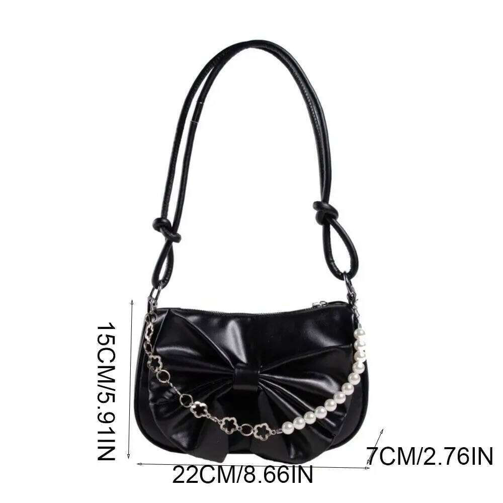 Casual PU Leather Bowknot Shoulder Pearl Solid Color Women Underarm Bag Korean Style Large Capacity Bow Handbag Shopping C260204