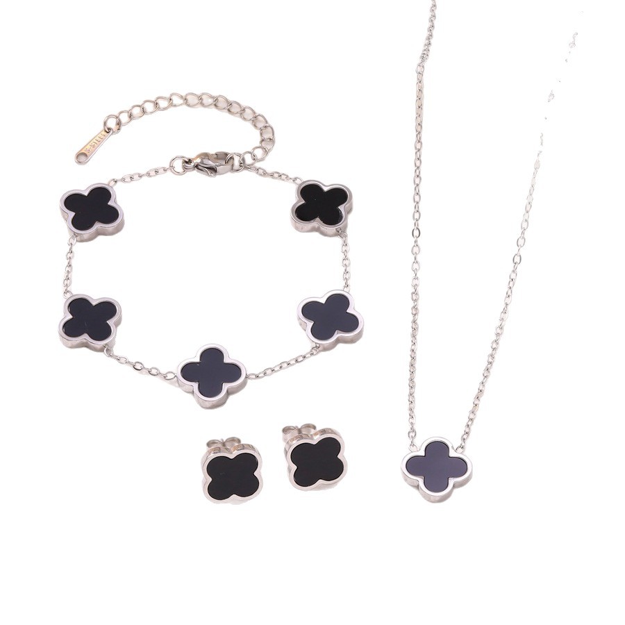 Hot-Selling Glossy Lucky Four-Leaf Clover Titanium Steel Double-Sided Mother-of-Pearl Bracelet Necklace Earrings Three-Piece Set Decorations Manufactu - view 6