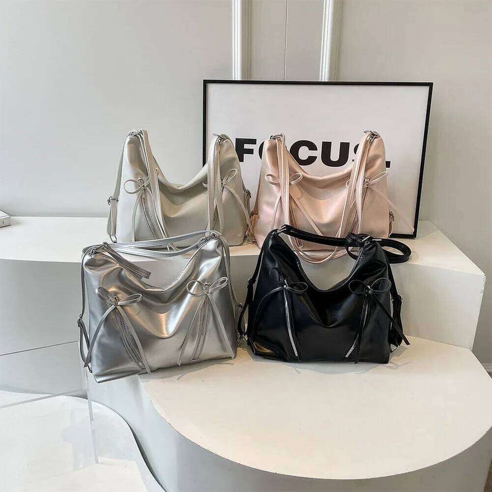 Cute Bow Underarm PU Leather Designer Tote Bag Solid Color Casual Daypack with Zipper Satchel Purse for Women C260204