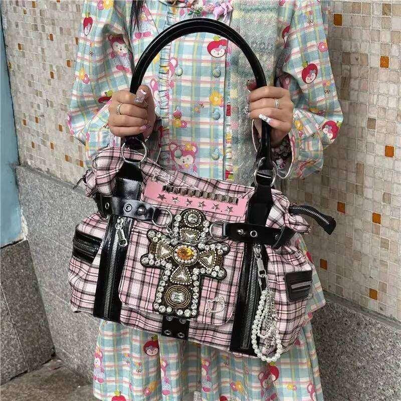 Y2k Womens Fashion Plaid Briefcase Canvas Shoulder Punk Chains Large Capacity Tote Bag Harajuku Girl Casual Handbag C260204