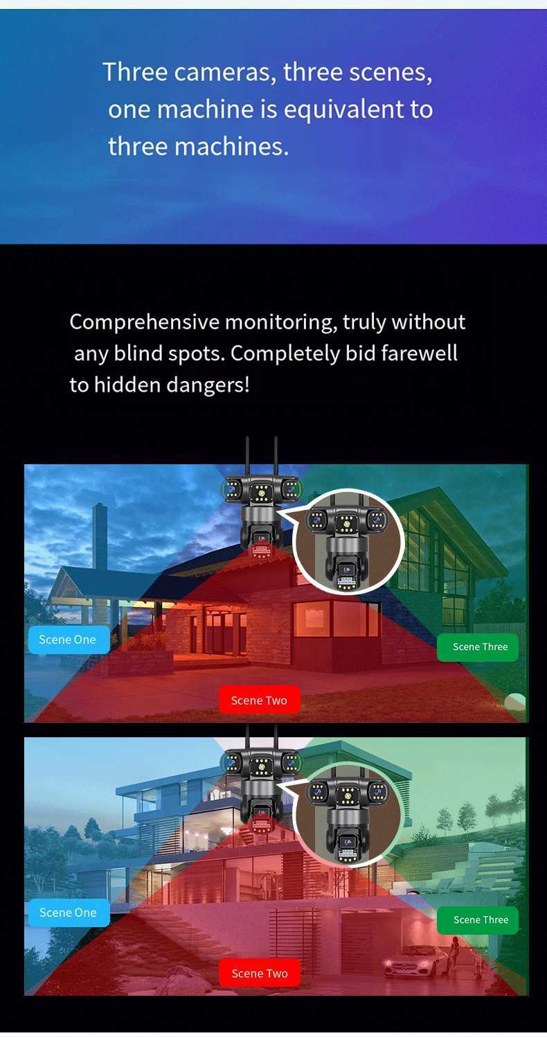 V380 3-lens 4G panoramic surveillance mobile phone with remote high-definition intelligent Wi-Fi waterproof pan-tilt 360-degree camera X250110