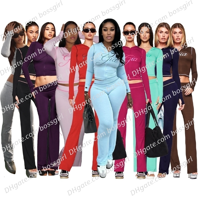 Womens Tracksuits Two Pieces Set New Fashion Slim Printed Hooded Long Sleeve Thumb Button Flared Two-Piece Set Sportwear 20 Colors