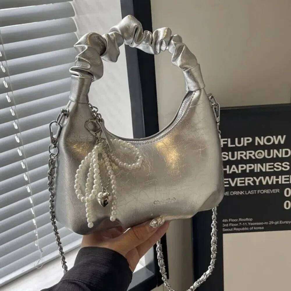 Fashion Pleated Handle Design Underarm Bags Pu Leather Y2K Crossbody Bag Adjustable Strap Pearl Bow Handbag Ladies C260204